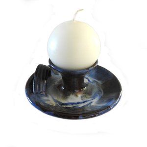 Irish Pottery Candle Stick With Spherical Candle by Rossa Pottery Blue Brown